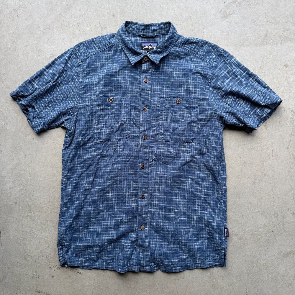 Patagonia Mens M Back Step Shirt Blue Plaid Hemp Cotton Short Sleeve Outdoor